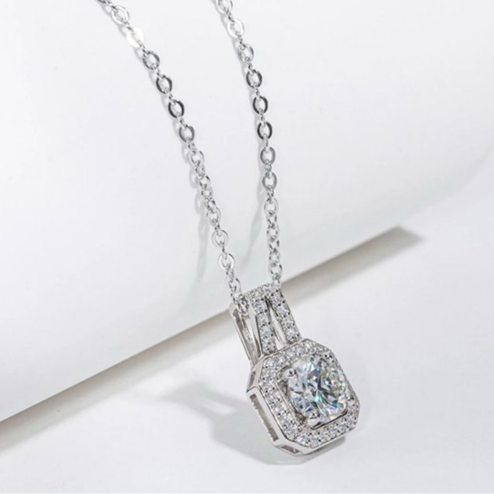 2 CT Moissanite Diamond Square Halo Pendant Necklace